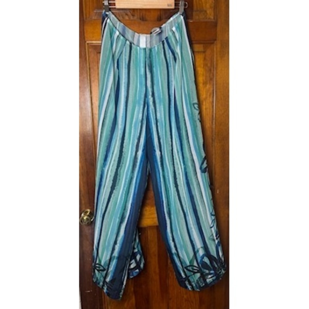 Carmen Marc Valvo Swimwear Pants Womens L Blue Striped Floral CoverUp